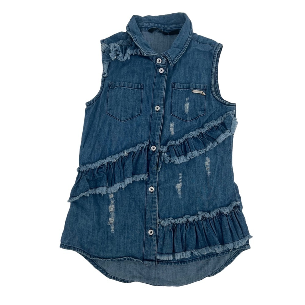 Guess Sleeveless Distressed Ruffled Denim Jean Shirt Size 10 Big Girl's
